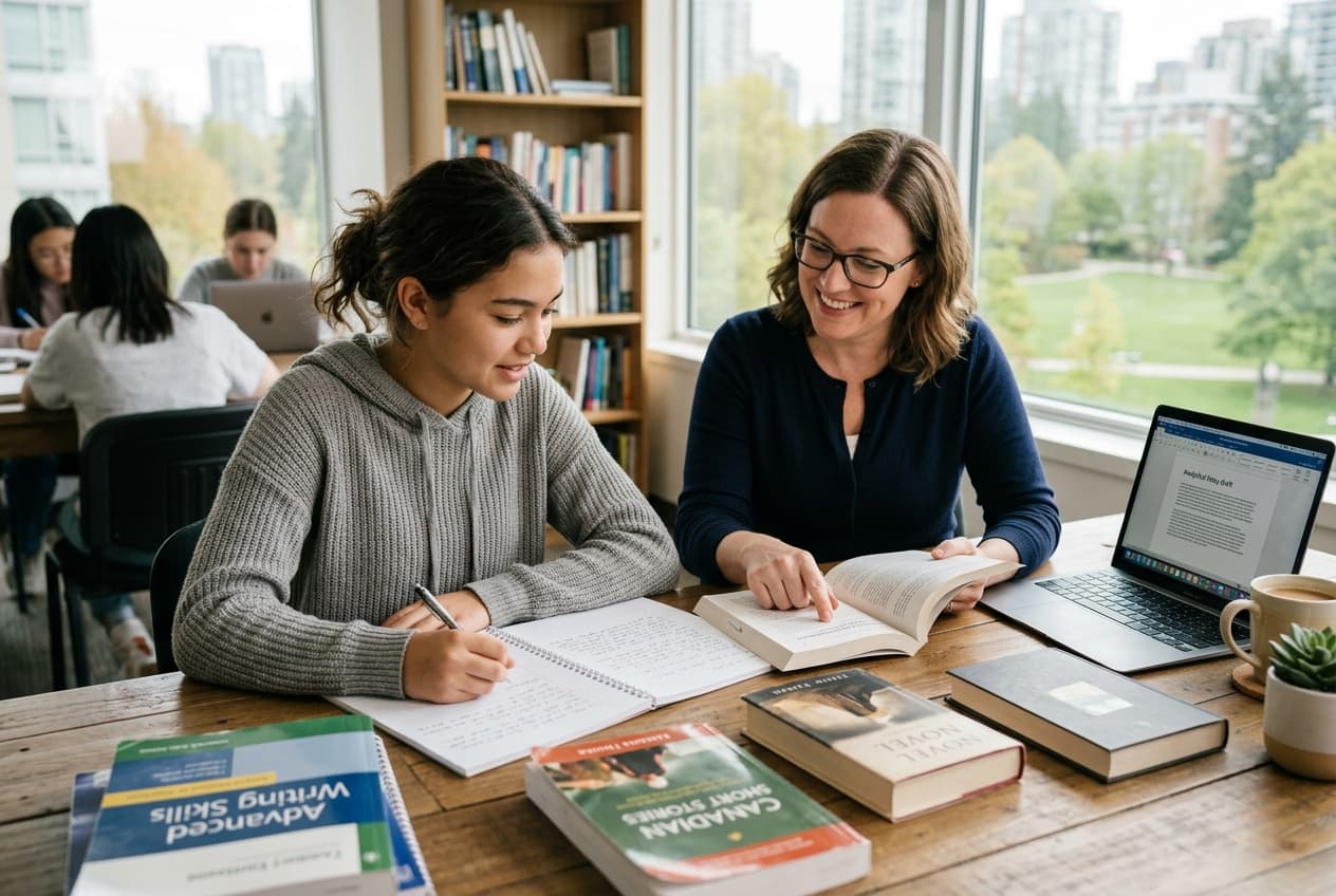 Student working on reading and writing with an English tutor