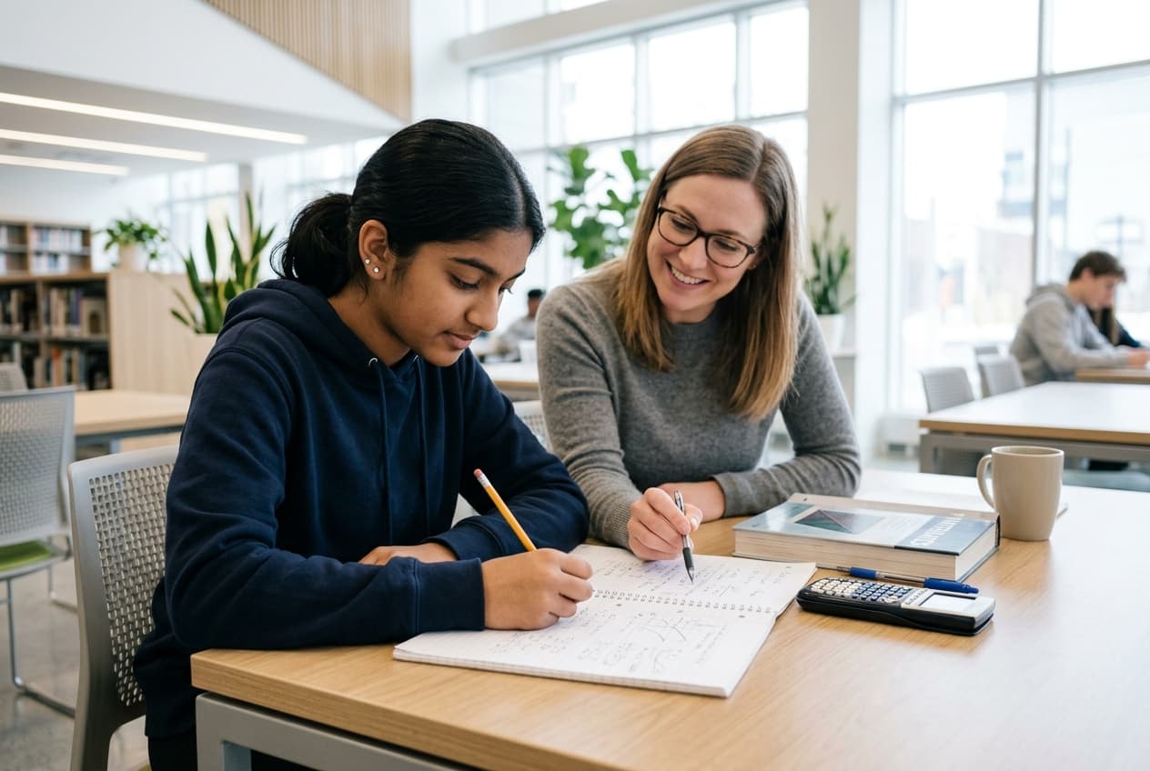 Student and tutor working on mathematics at a modern desk