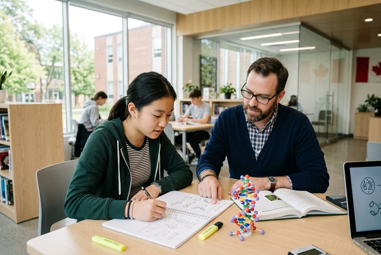 Student studying science with a tutor, including a molecular model on the desk