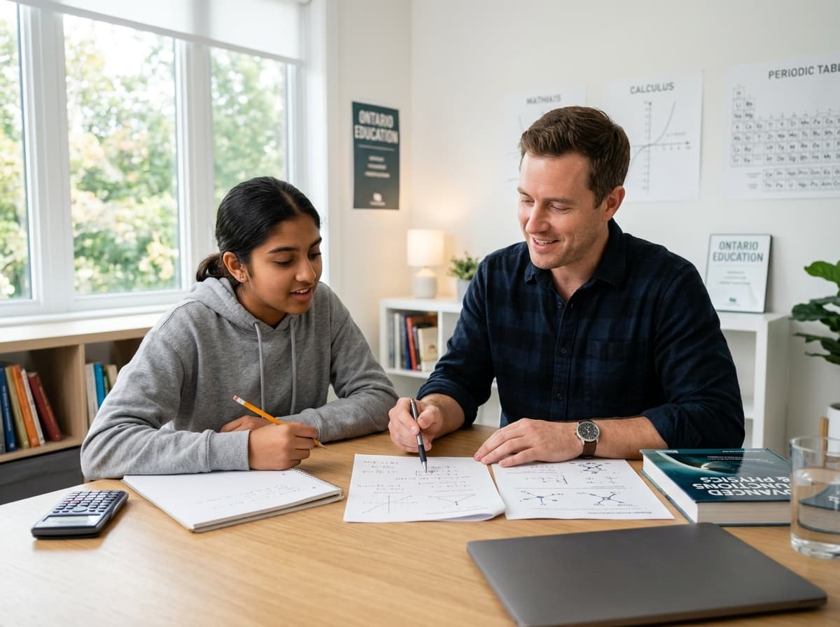 Professional tutor explaining a concept to an engaged student at a modern study desk